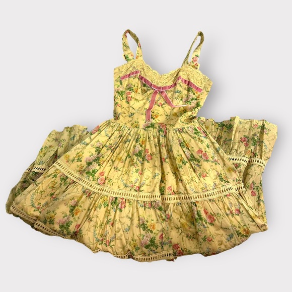 Kitten D’Amour Cottage Core, Fairy, Yellow Floral, Pink Lace Bow Dress - Picture 4 of 11